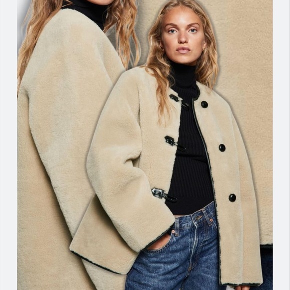 Mango Jackets & Blazers - Mango Cream Faux Shearling Jacket with Black Trim